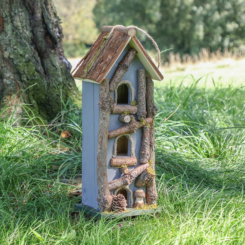 Personalised Grey Three Tier Natural Wooden Bird House