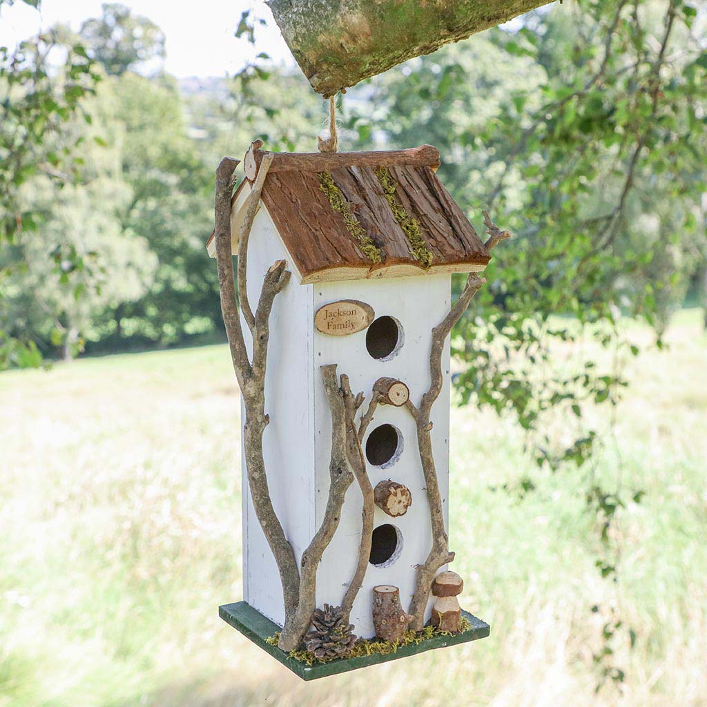 Personalised White Cottage Three Window Bird House