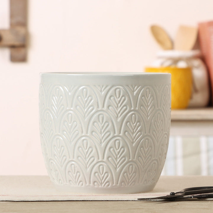 Stone Grey Botanical Embossed Plant Pot