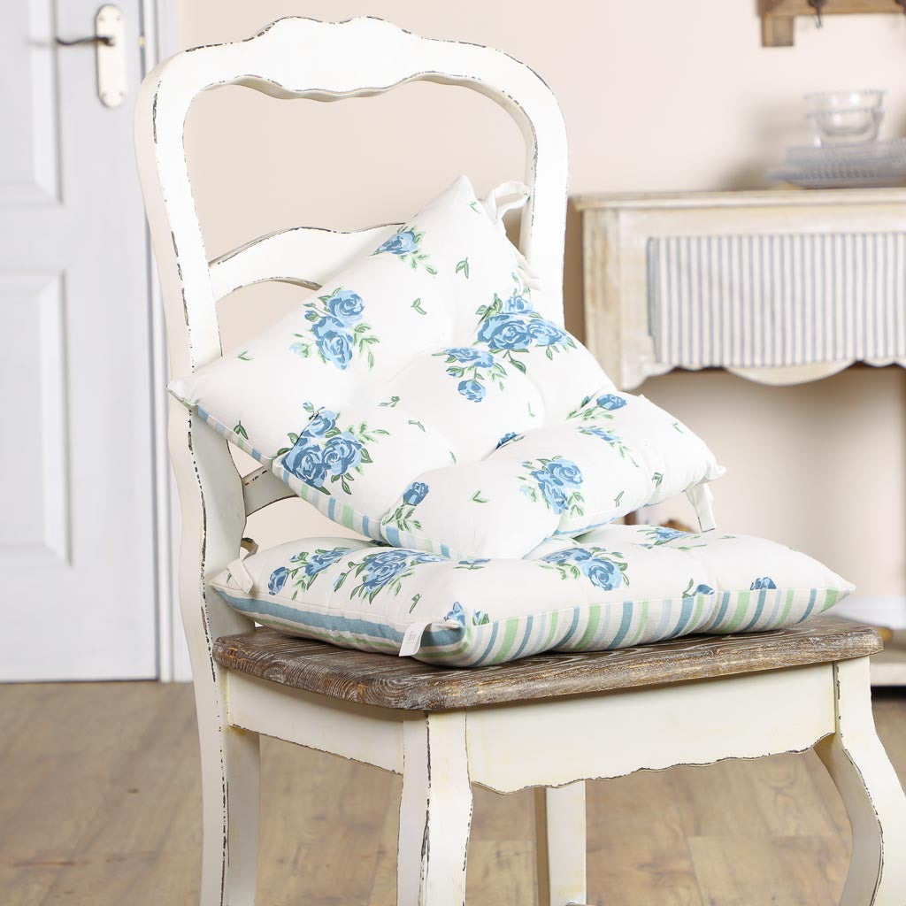 Set of 4 Blue Rose Tie-On Alfresco Dining Chair Seat Pads