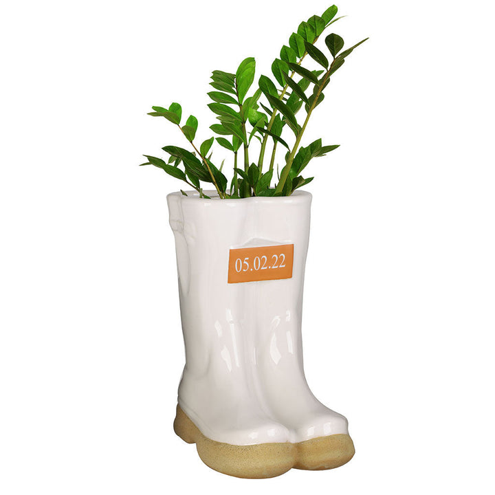 White Personalised Wedding Date Wellington Boot Planter