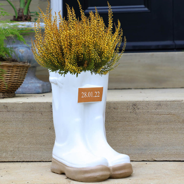White Personalised Wedding Date Wellington Boot Planter