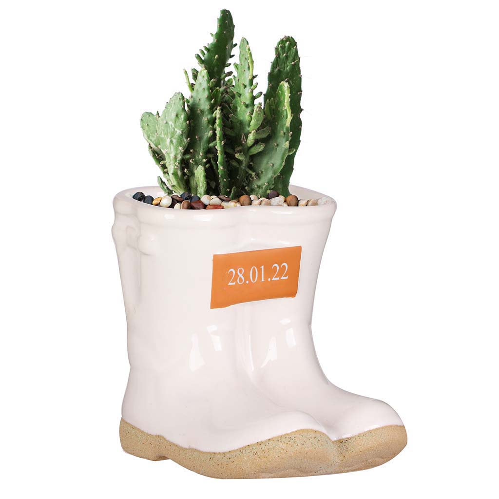Petite White Personalised Wedding Date Wellington Boot Planter