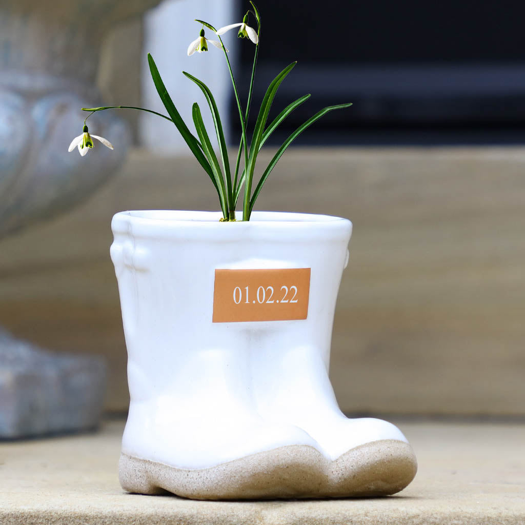 Petite White Personalised Wedding Date Wellington Boot Planter