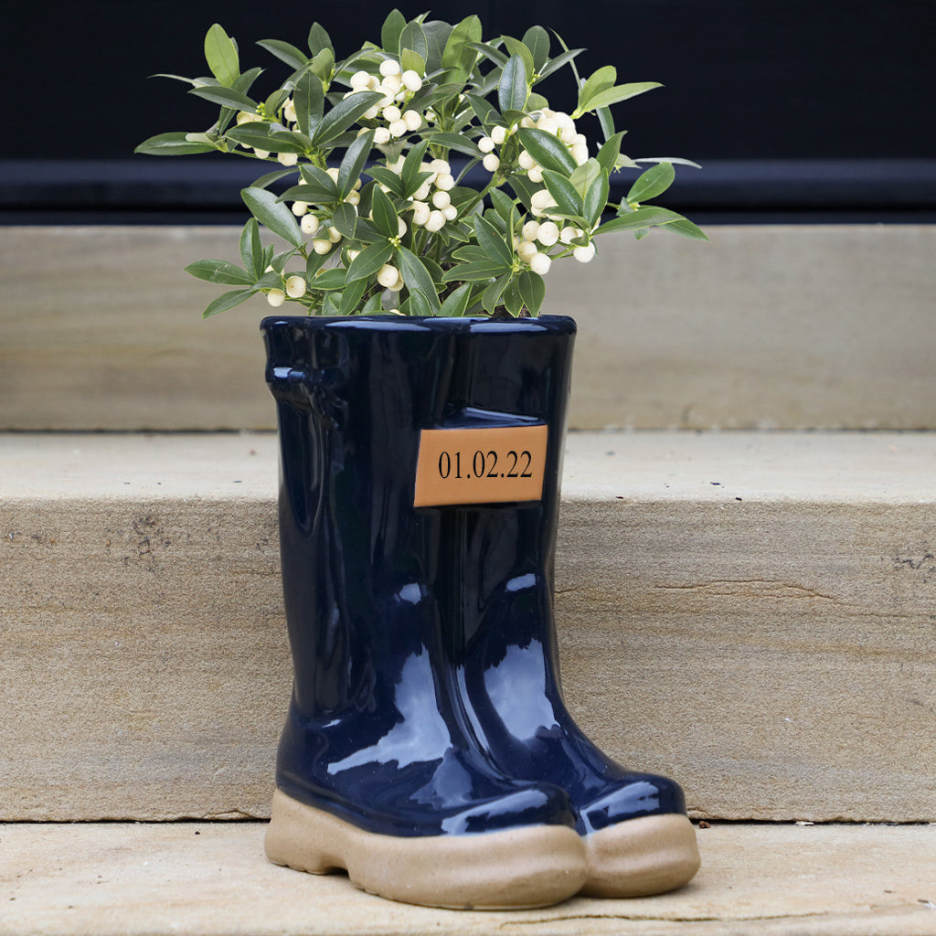 Blue Personalised Wedding Date Wellington Boot Planter
