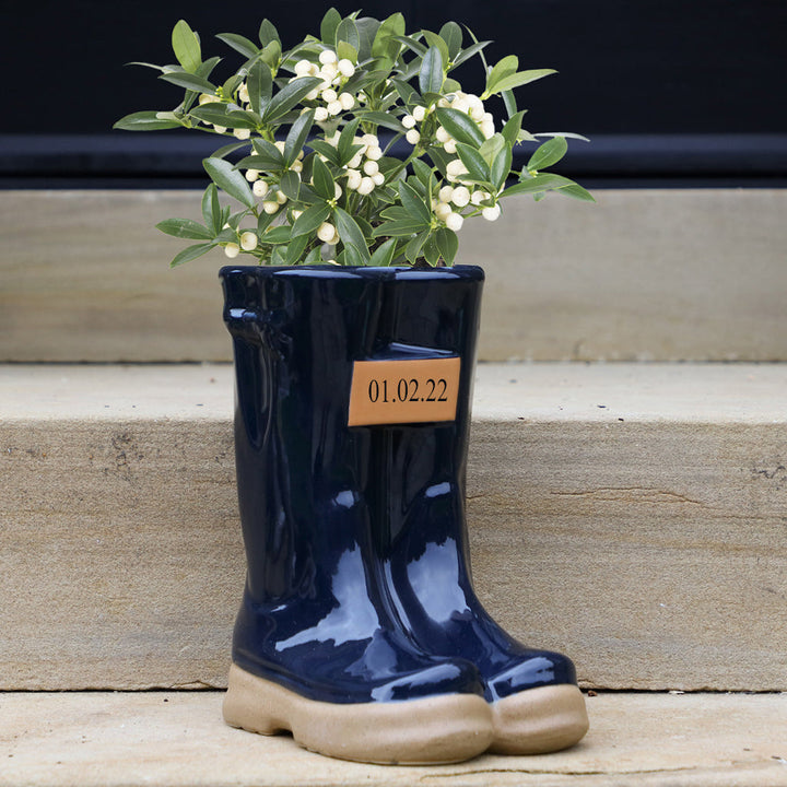 Blue Personalised Wedding Date Wellington Boot Planter
