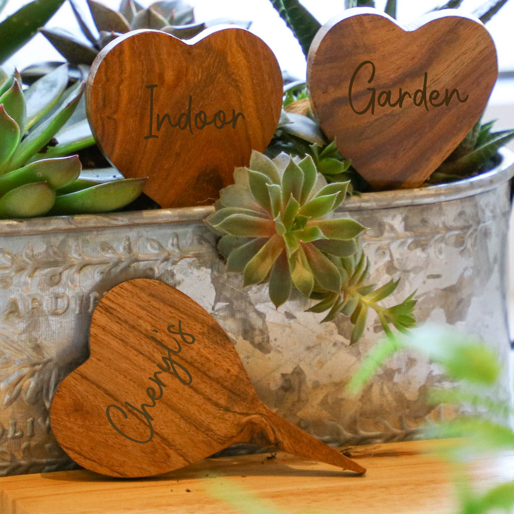 Set of Three Personalised Wood Heart Plant Markers Gift