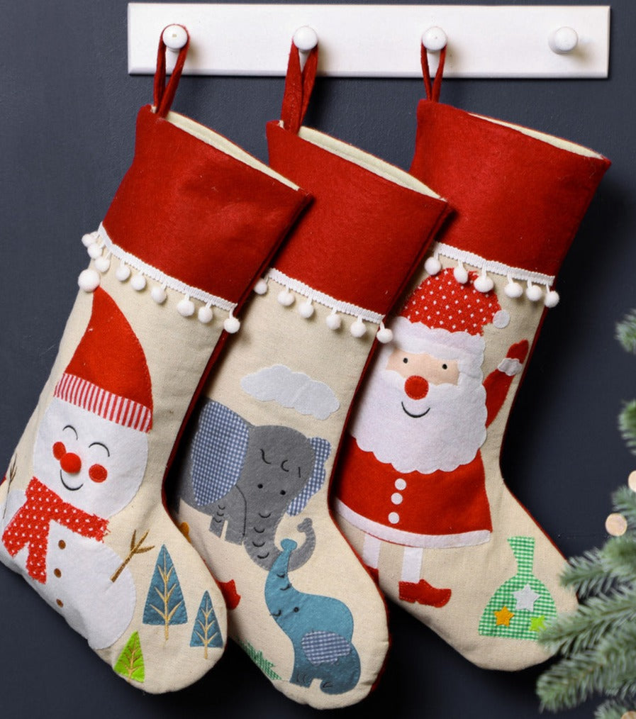 Santa Red & White & Green  Stockings - Christmas Friends Pom Pom Stocking