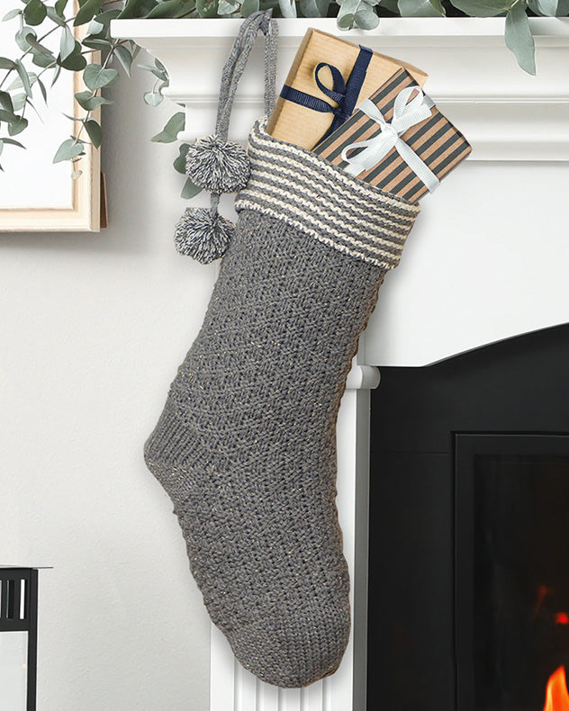 Chunky Knit Grey stocking with gifts