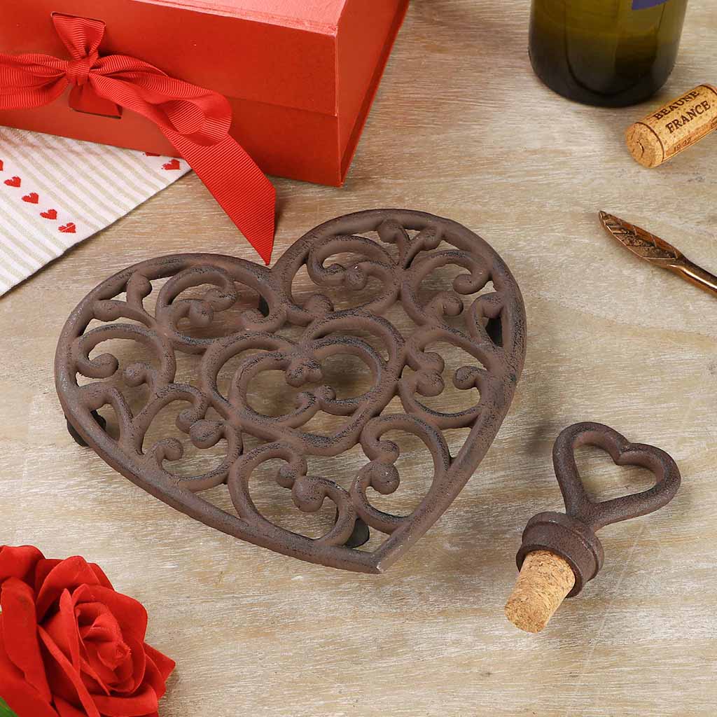 Iron Heart Bottle Stopper and Trivet Gift Set