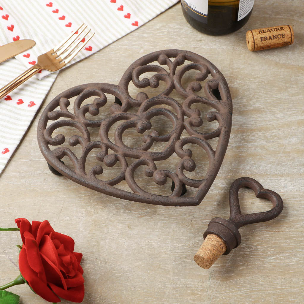 Iron Heart Bottle Stopper and Trivet Gift Set
