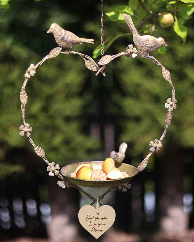 Personalised Brass Hanging Heart Garden Bird Feeder