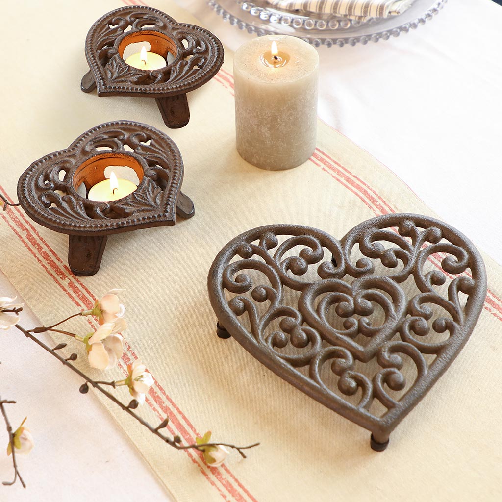 Iron Love Heart Tealight Holders and Trivet Gift Set