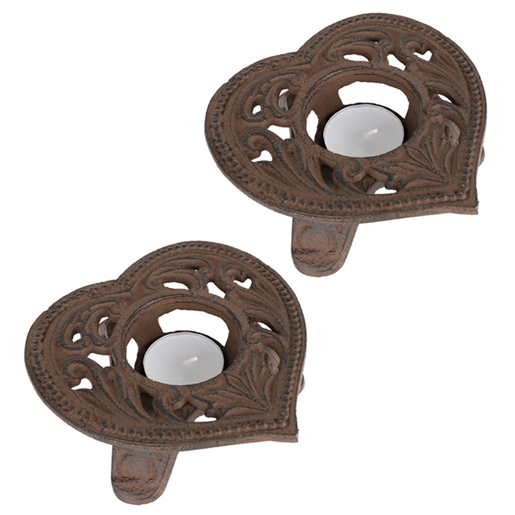 Set of Two Iron Heart Tea Light Holders Gift